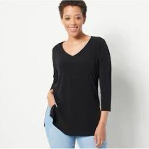 Susan Graver Black V Neck Ruched 3/4 Sleeve Top size 1X